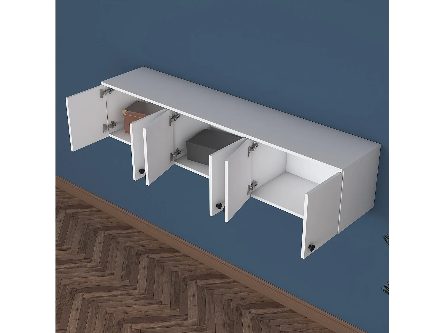Meuble Suspendu Jelsi, 6 Portes, 180x44h cm Blanc, 3 Compartiments, Ouverture Battante