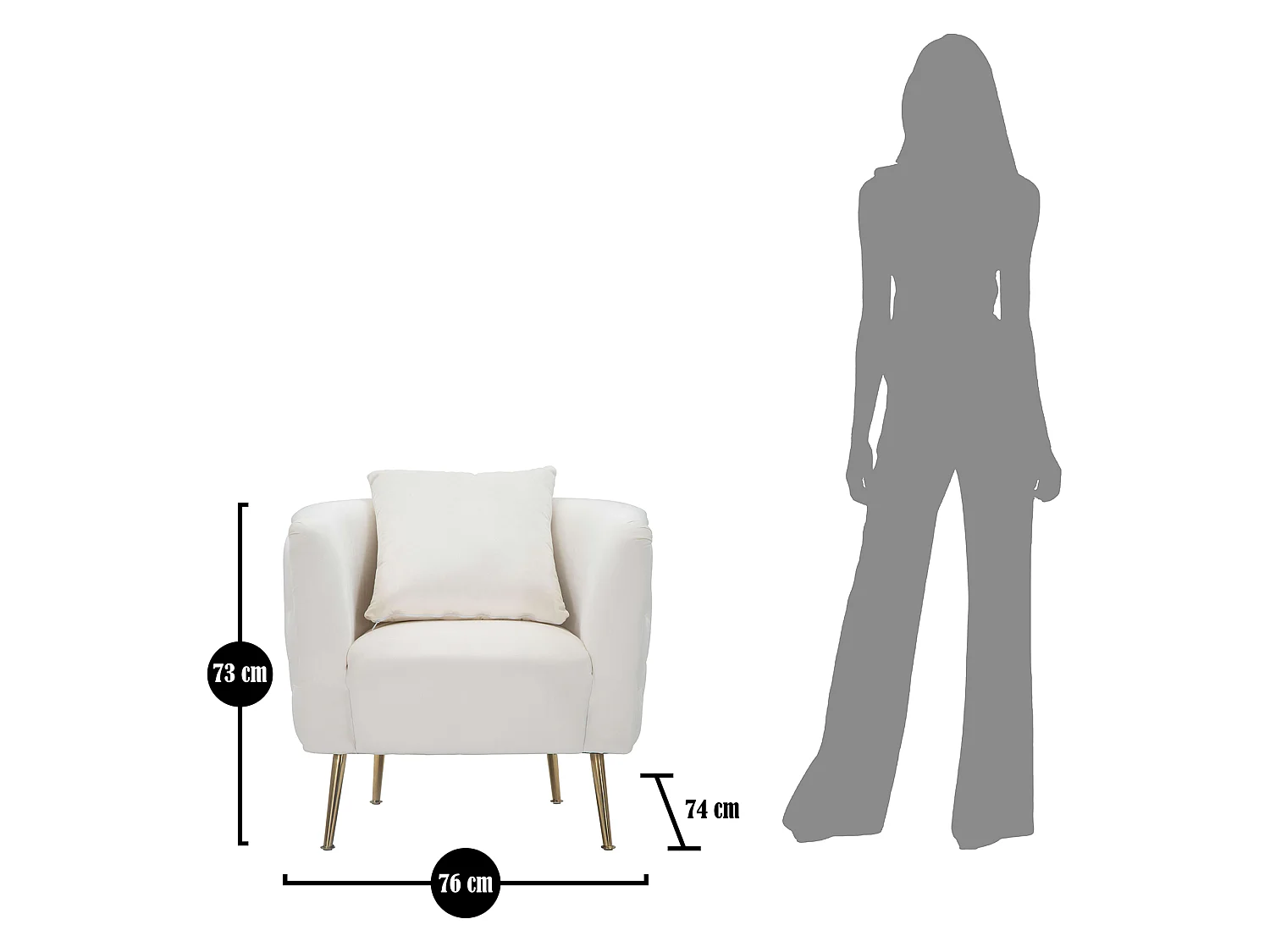 Poltrona Killar, Rivestimento in Velluto, 76x74x71h cm Bianco Crema, Poltroncina, Braccioli, Materiale Struttura in Metallo