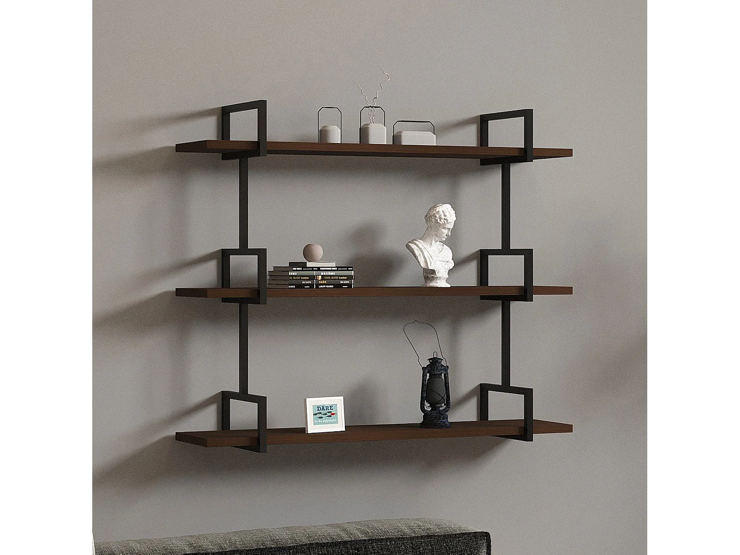 Mensola Vibrata, 3 Ripiani, 87x23x76h cm Marrone Noce, Colore Struttura Nero, Materiale Struttura in Metallo