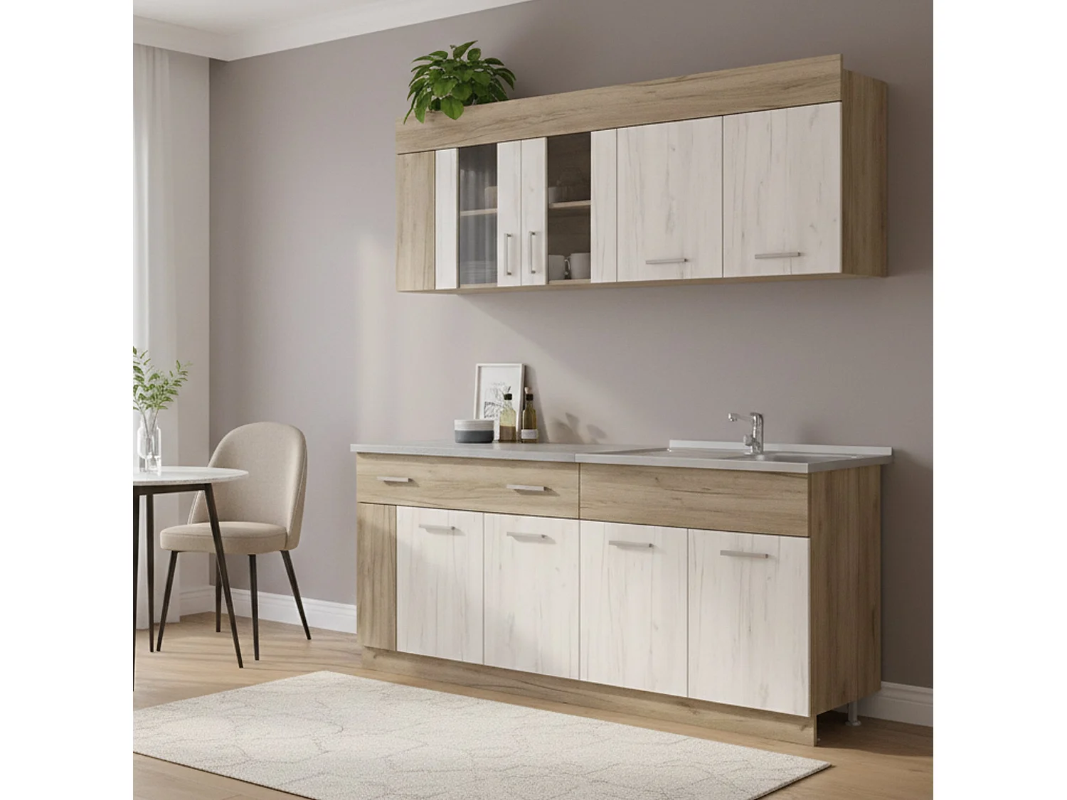 Küche Interamna, Schublade, Beige, Kochnische, 4 Regalböden, 8 Türen, Elektrogeräte nicht im Lieferumfang enthalten