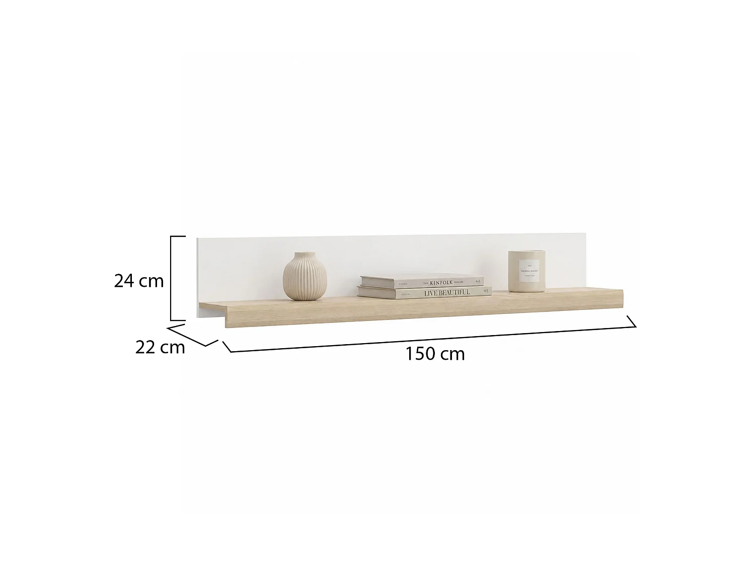 Mensola Ollol, un Ripiano, 150x22x24h cm Bianco, Sfumatura Colore Struttura Rovere, Colore Struttura Marrone