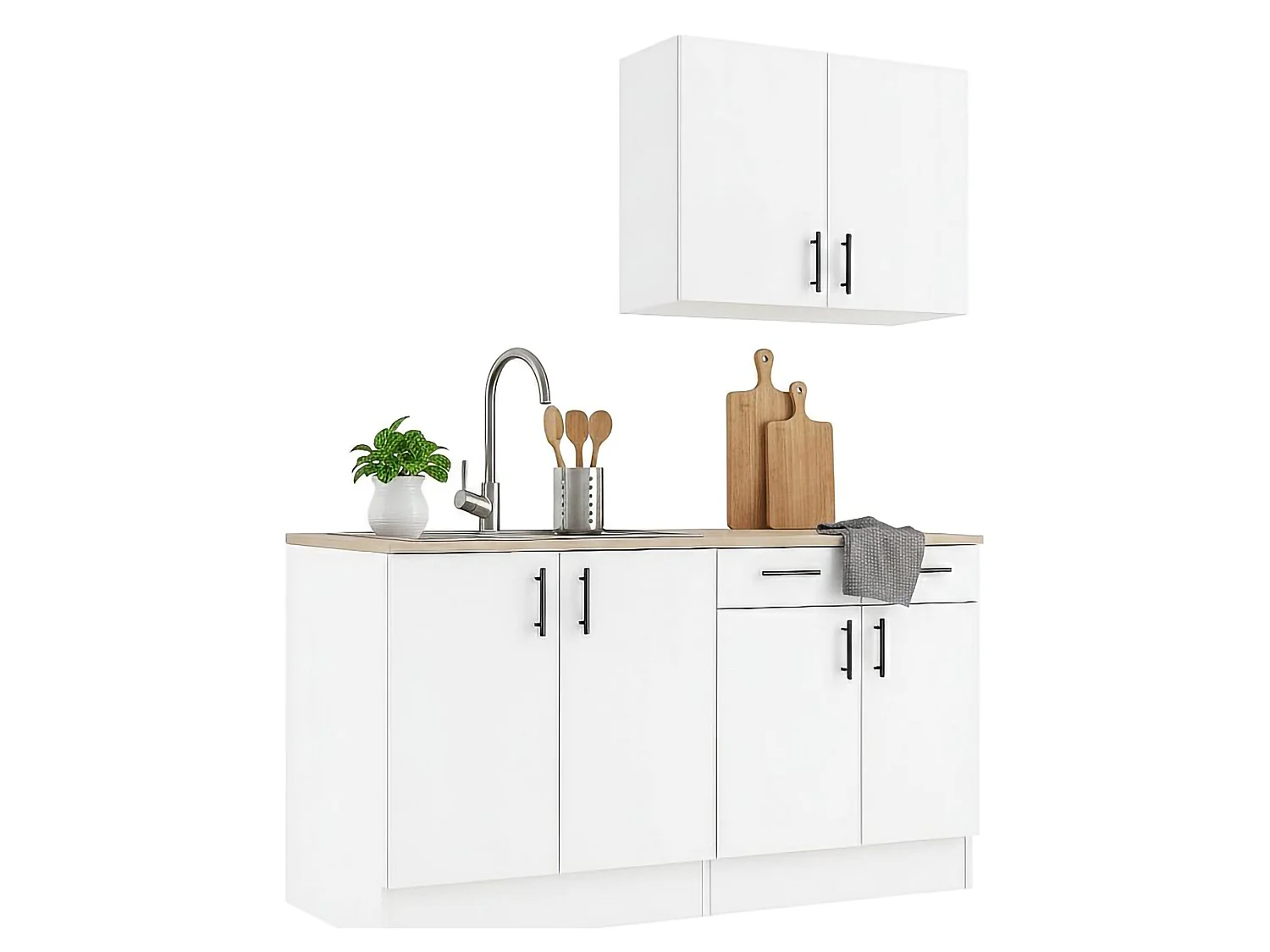 Cocina Velvenia, un cajón, blanco, cocinita, 7 estantes, apertura abatible, corredera, Electrodomésticos no incluidos