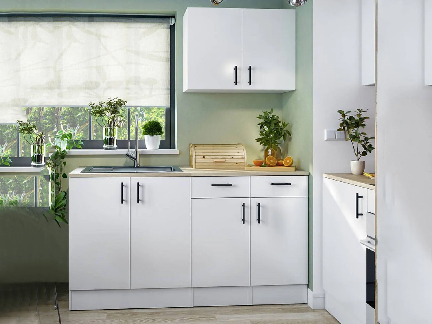 Cocina Velvenia, un cajón, blanco, cocinita, 7 estantes, apertura abatible, corredera, Electrodomésticos no incluidos