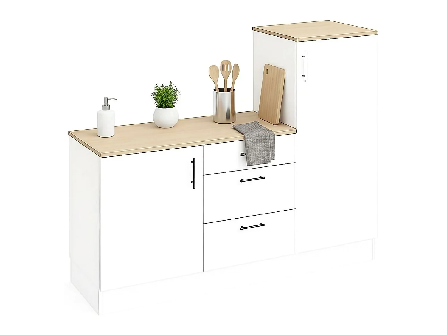 Cocina Zafrena, 3 estantes, blanca, cocina compacta, 3 cajones, apertura abatible, corredera, Electrodomésticos no incluidos