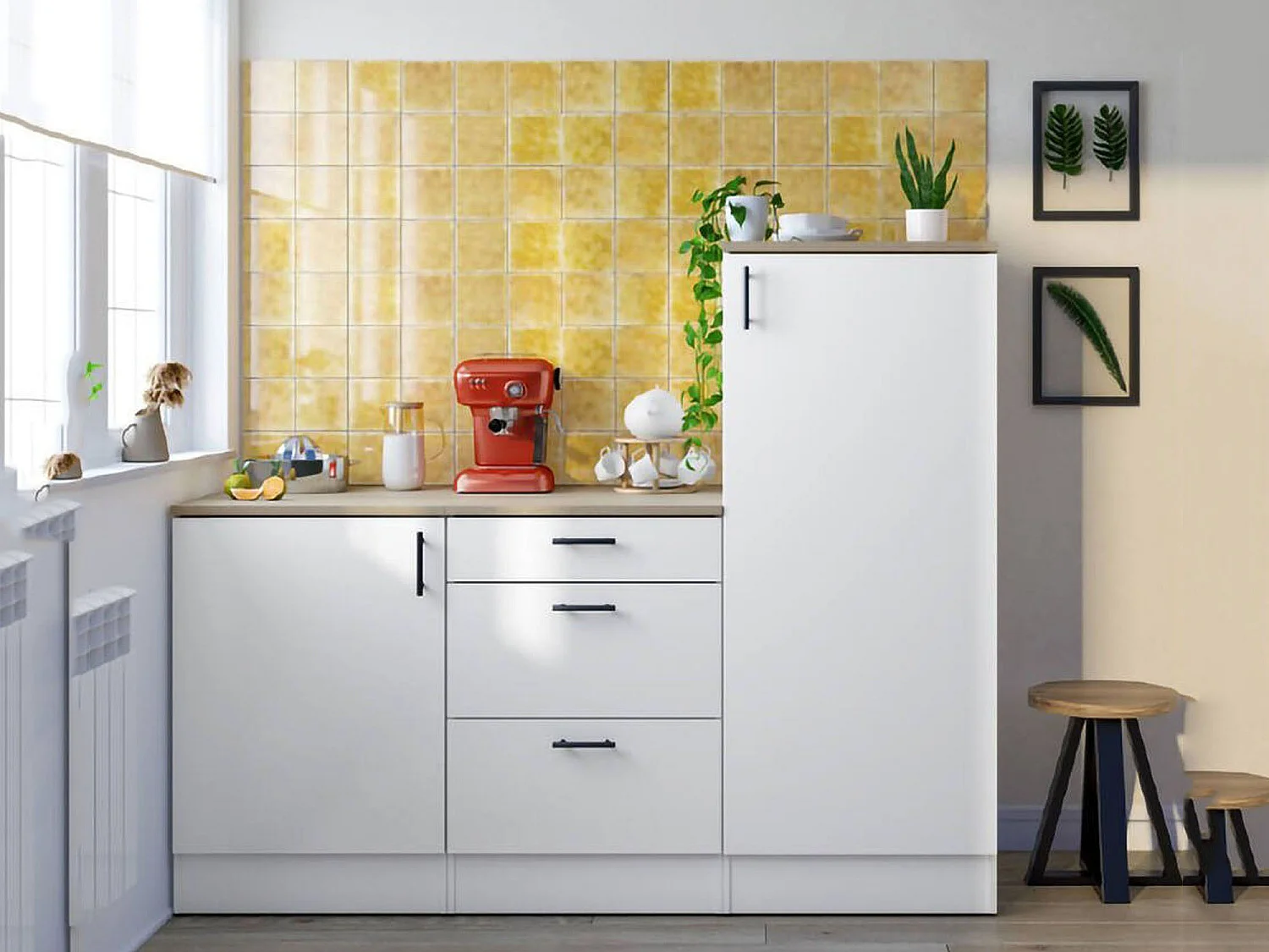 Cocina Zafrena, 3 estantes, blanca, cocina compacta, 3 cajones, apertura abatible, corredera, Electrodomésticos no incluidos