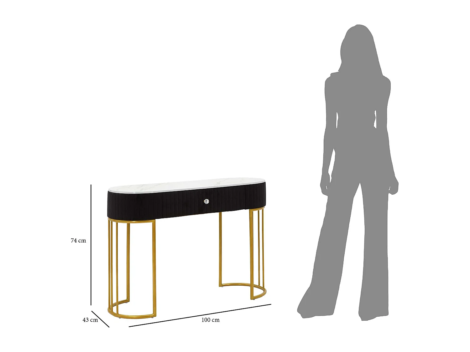 Consolle Marsa, un Ripiano, 100x43x74h cm oro, Piano Effetto Marmo con 1 Cassetto, Materiale Struttura in Tessuto