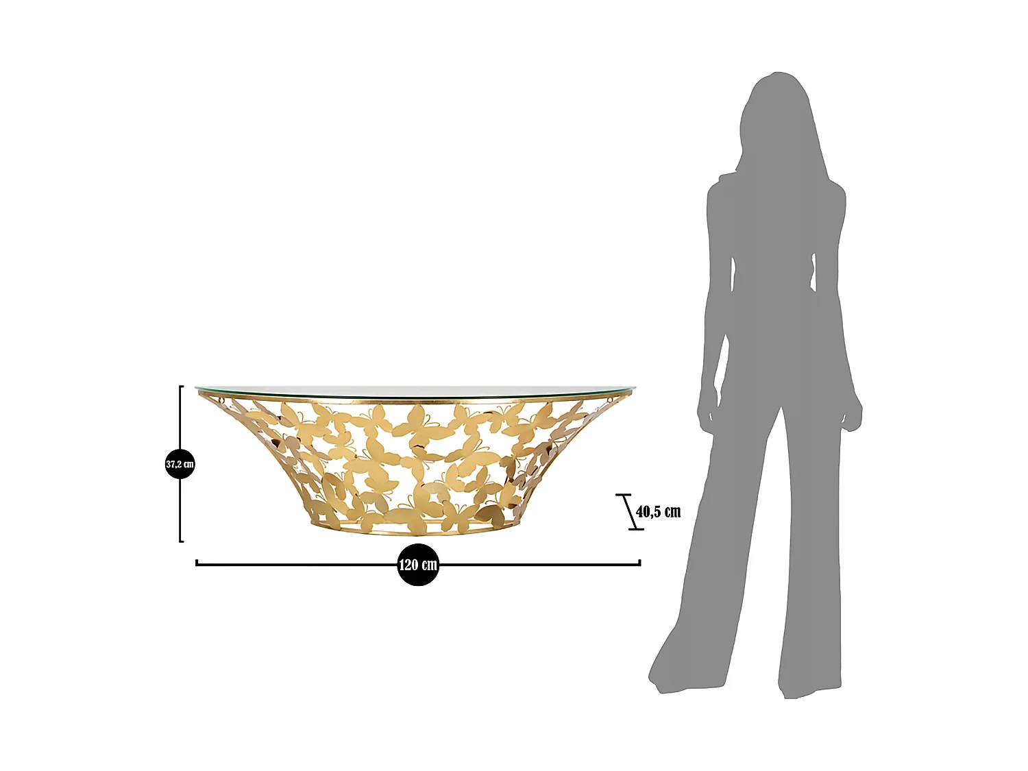 Console Azrou, un Plateau, 120x41x37h cm or, Base avec Décor Papillons, Structure en Verre