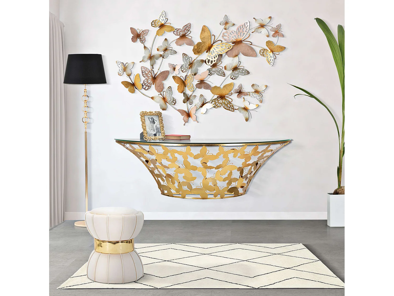 Console Azrou, un Plateau, 120x41x37h cm or, Base avec Décor Papillons, Structure en Verre