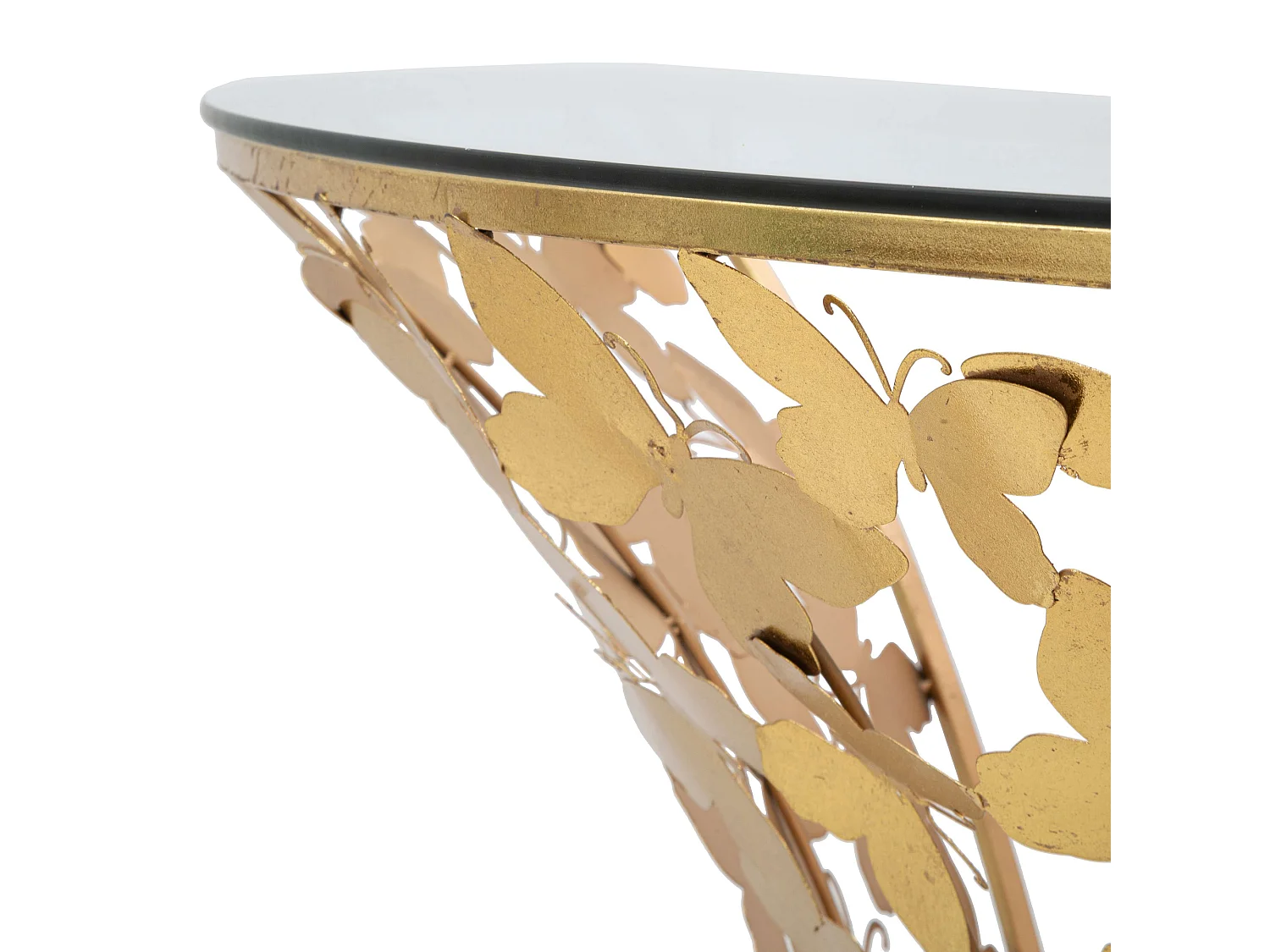Console Azrou, un Plateau, 120x41x37h cm or, Base avec Décor Papillons, Structure en Verre