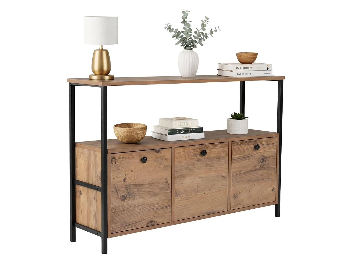 Consola Nesta, un estante, 120x30x75h cm marrón roble nudoso, 3 compartimentos, peso soportado 35 kg