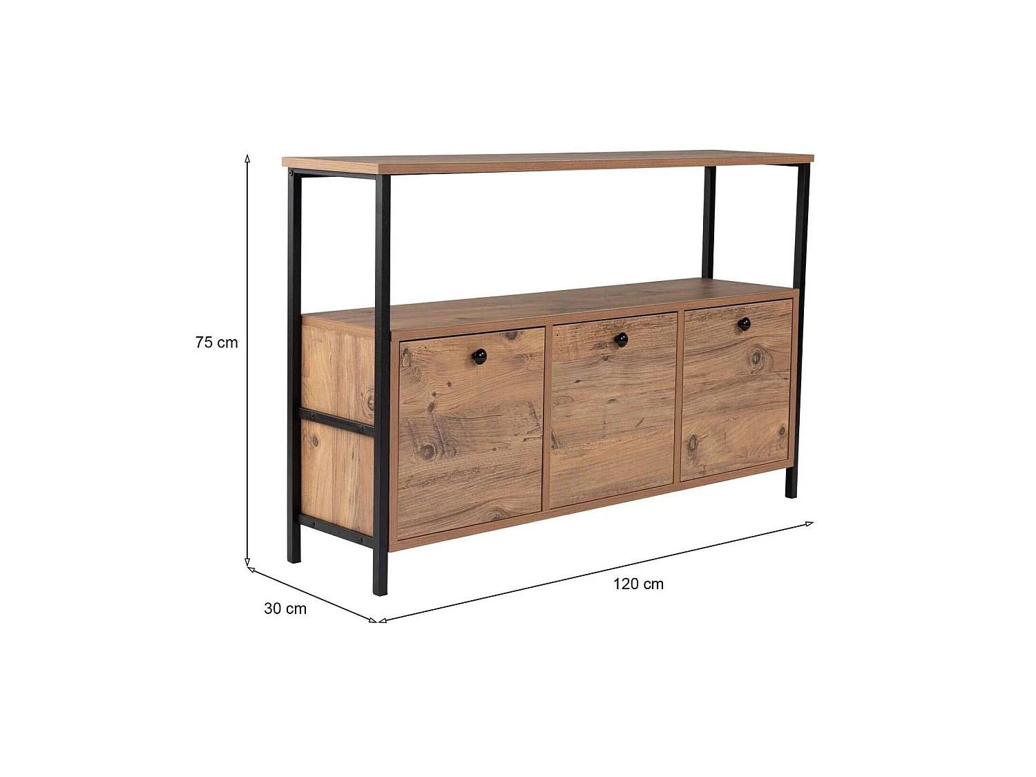 Consola Nesta, un estante, 120x30x75h cm marrón roble nudoso, 3 compartimentos, peso soportado 35 kg