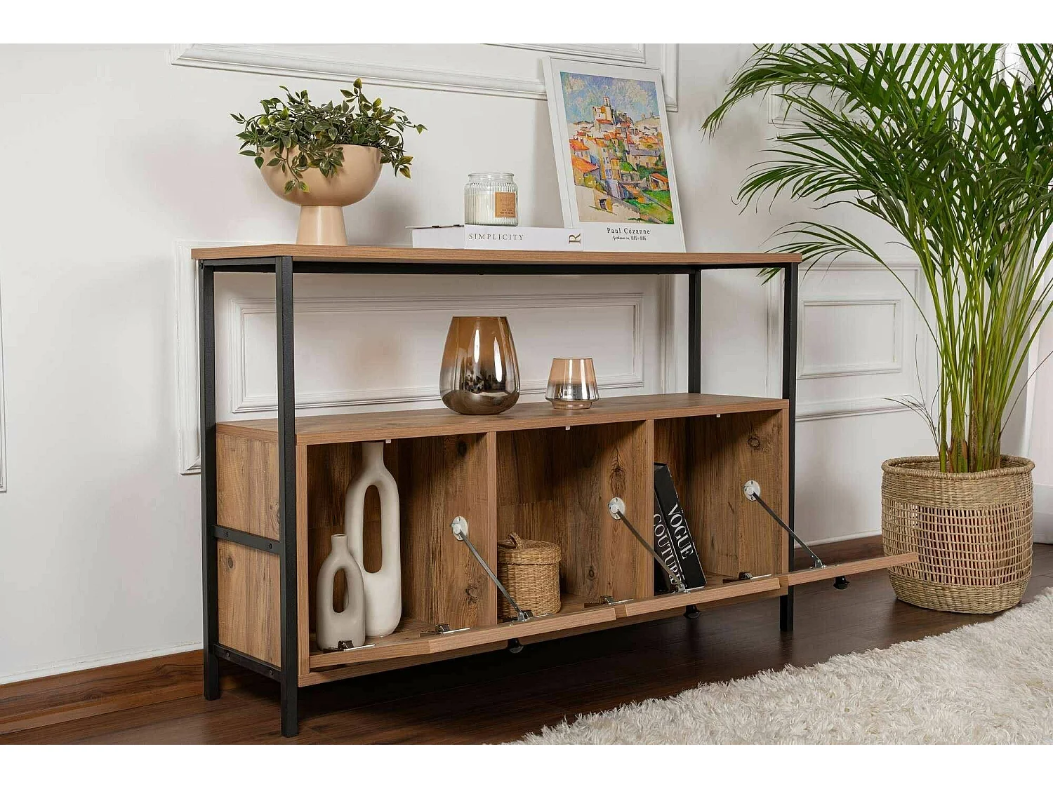 Consola Nesta, un estante, 120x30x75h cm marrón roble nudoso, 3 compartimentos, peso soportado 35 kg
