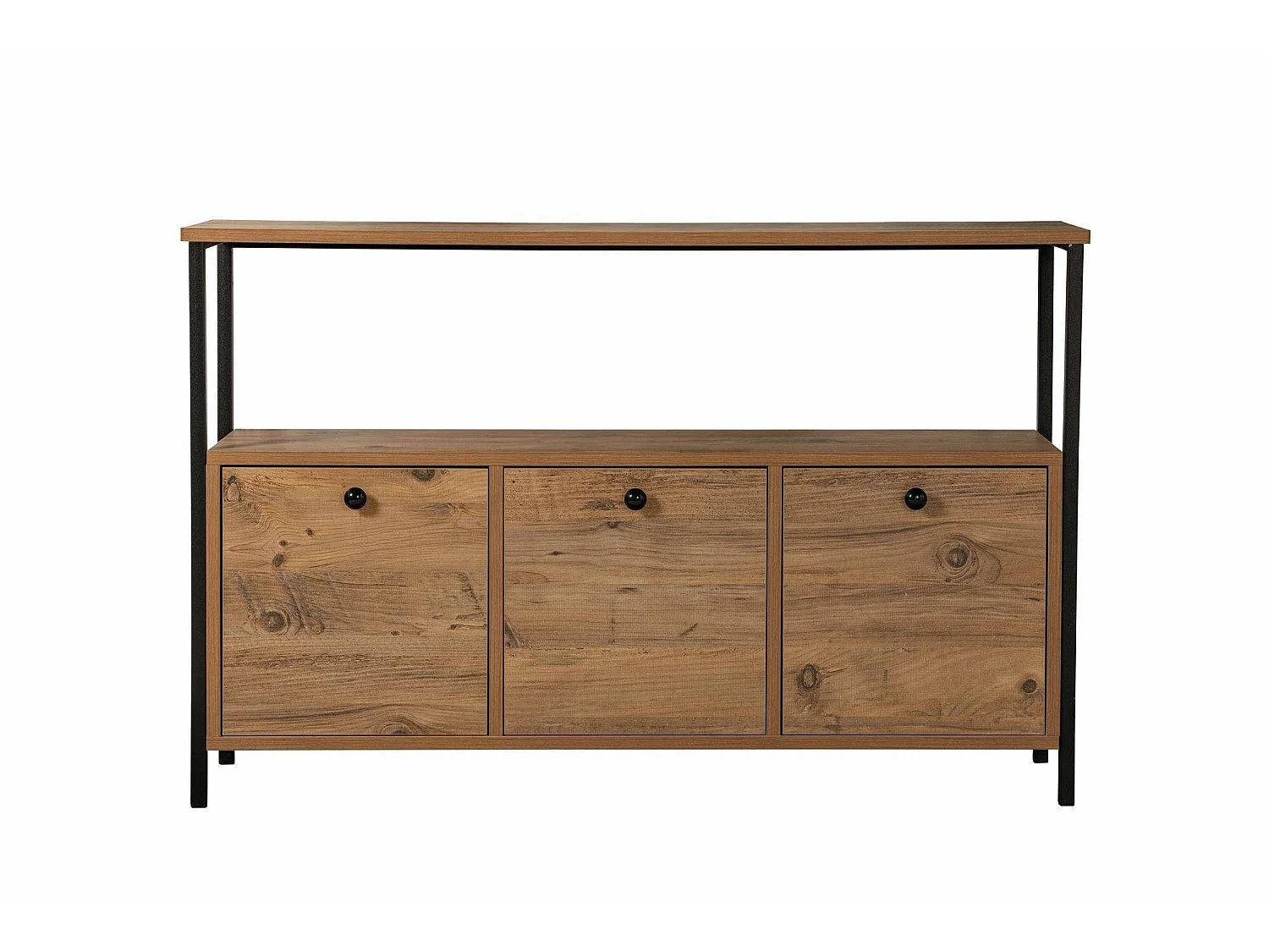Consola Nesta, un estante, 120x30x75h cm marrón roble nudoso, 3 compartimentos, peso soportado 35 kg