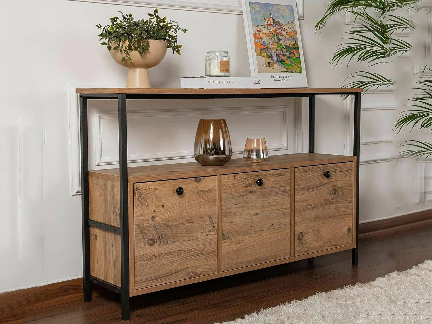 Consola Nesta, un estante, 120x30x75h cm marrón roble nudoso, 3 compartimentos, peso soportado 35 kg