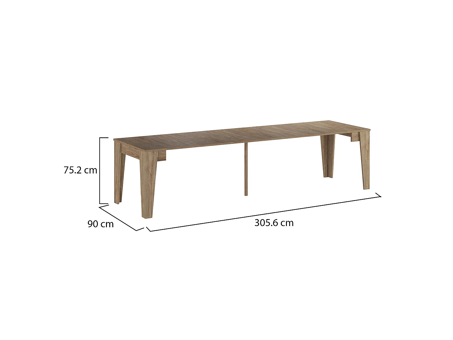 Console Extensible Gizion, 306x90x75h cm Chêne Marron, 12 Places, Mécanisme de Rallonges Centrales