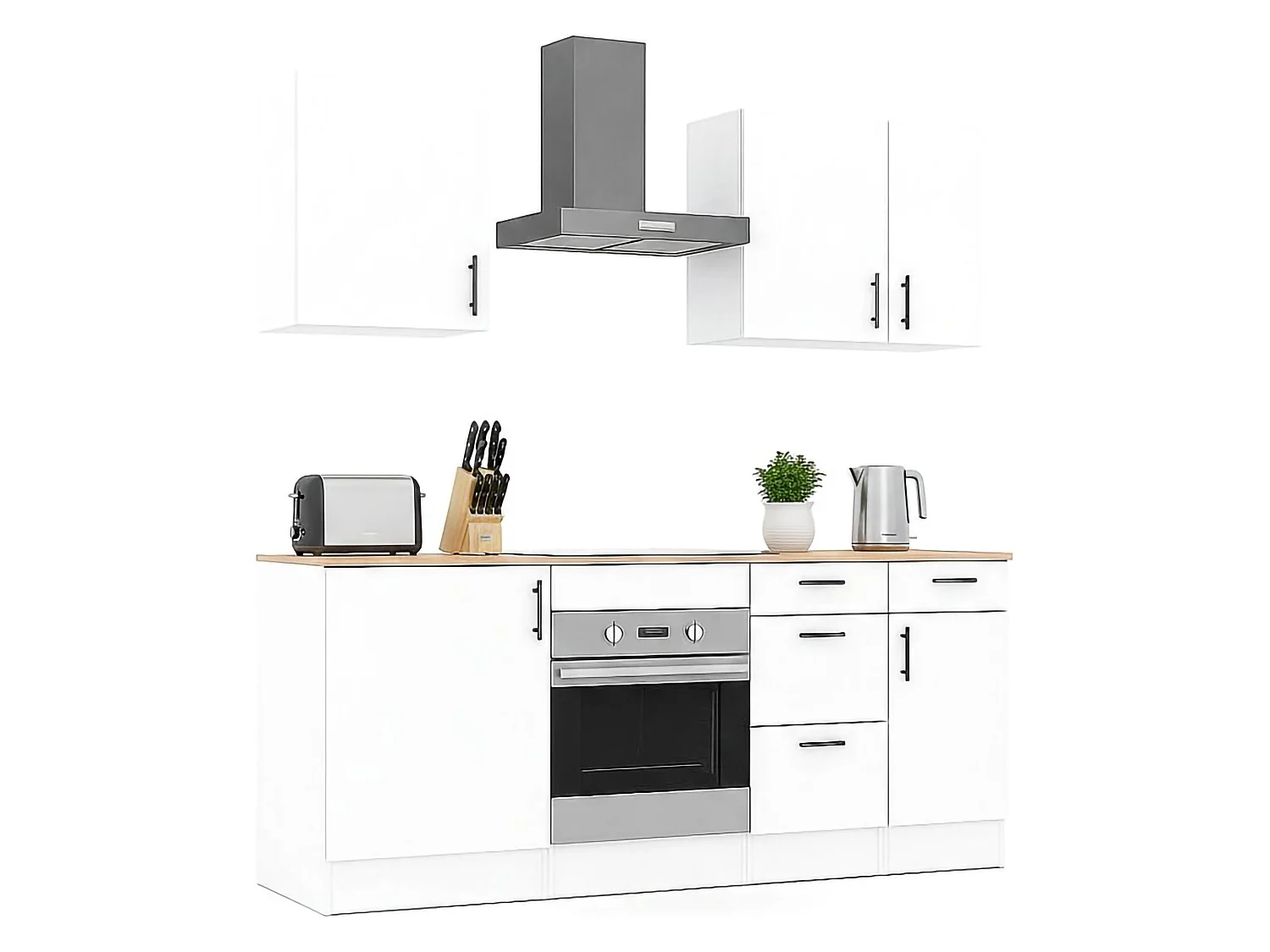 Cocina Moriantha, 4 cajones, blanco, cocinita, 5 estantes, apertura abatible, corredera, Electrodomésticos no incluidos