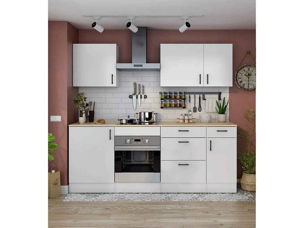 Cocina Moriantha, 4 cajones, blanco, cocinita, 5 estantes, apertura abatible, corredera, Electrodomésticos no incluidos