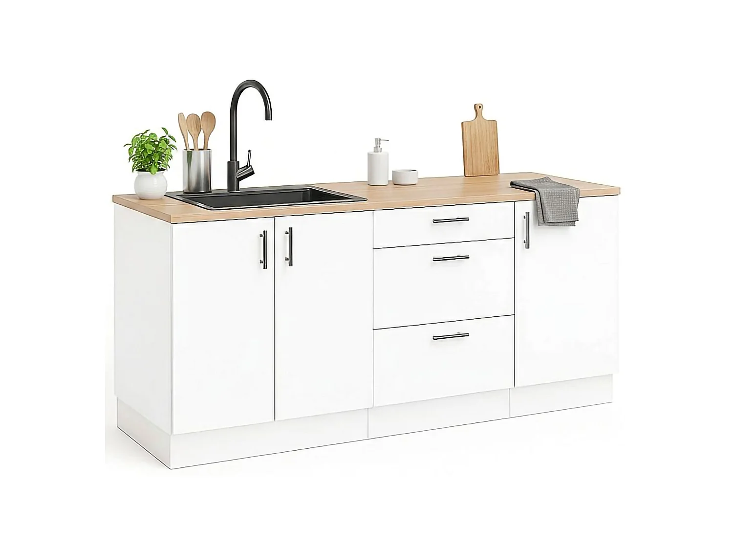 Cocina Orlaya, 3 cajones, blanco, cocinita, 3 estantes, apertura con bisagras, corredera, Electrodomésticos no incluidos
