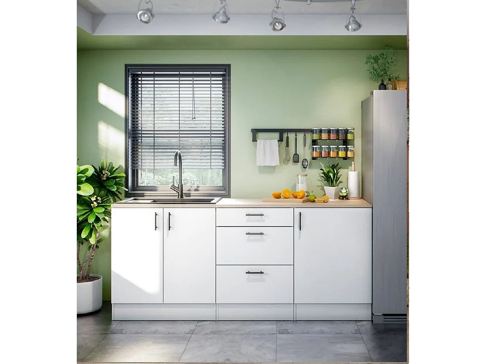 Cocina Orlaya, 3 cajones, blanco, cocinita, 3 estantes, apertura con bisagras, corredera, Electrodomésticos no incluidos