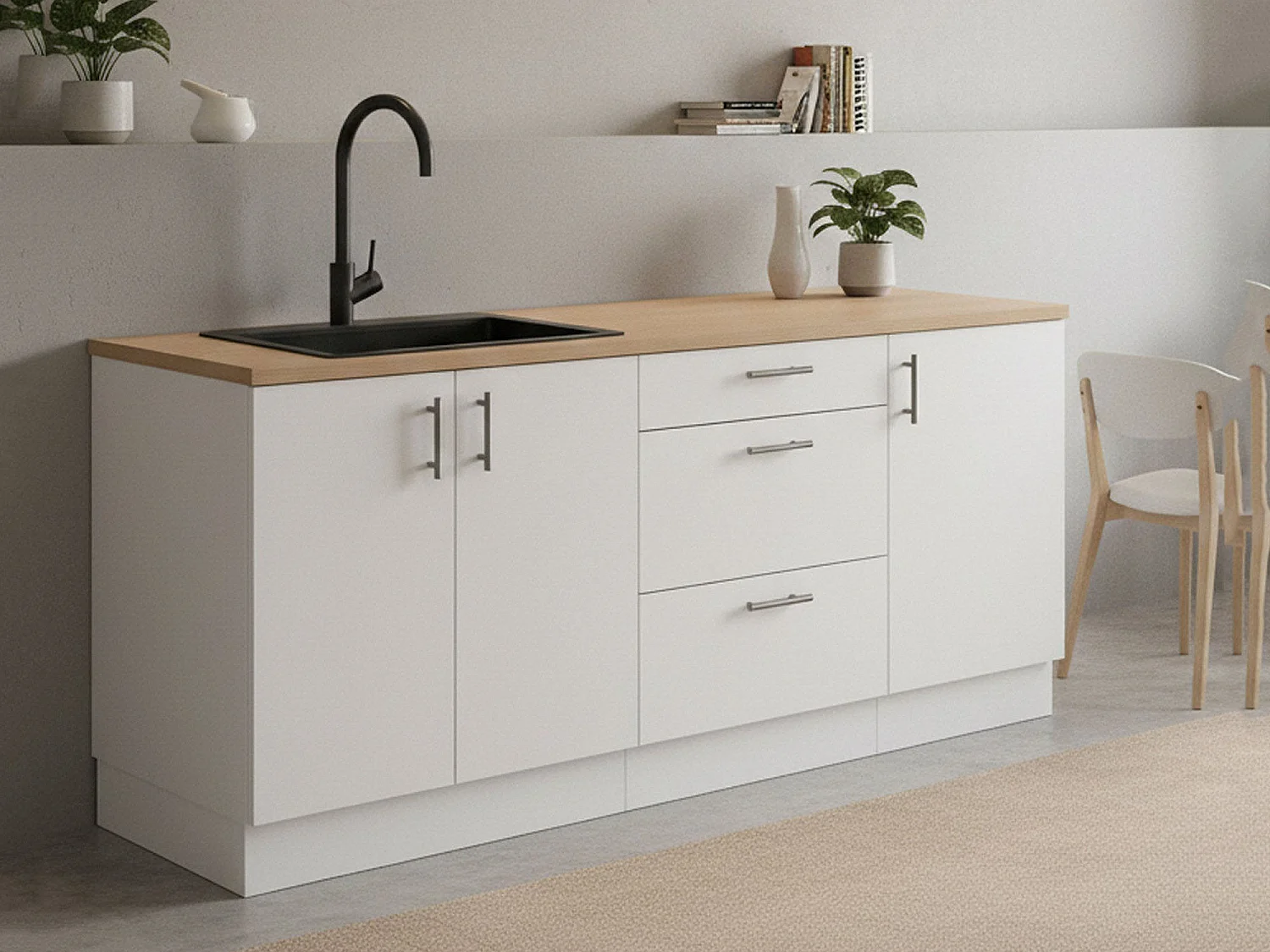 Cocina Orlaya, 3 cajones, blanco, cocinita, 3 estantes, apertura con bisagras, corredera, Electrodomésticos no incluidos