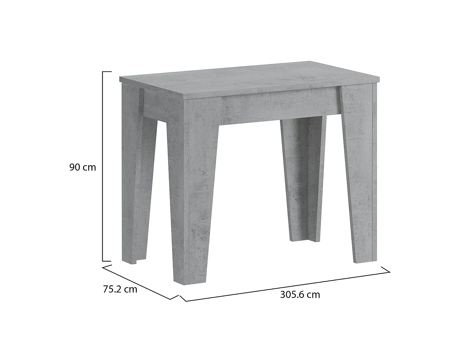 Console Extensible Gizio, 306x90x75h cm Gris Ciment, 12 Places, Mécanisme d'Extension Centré