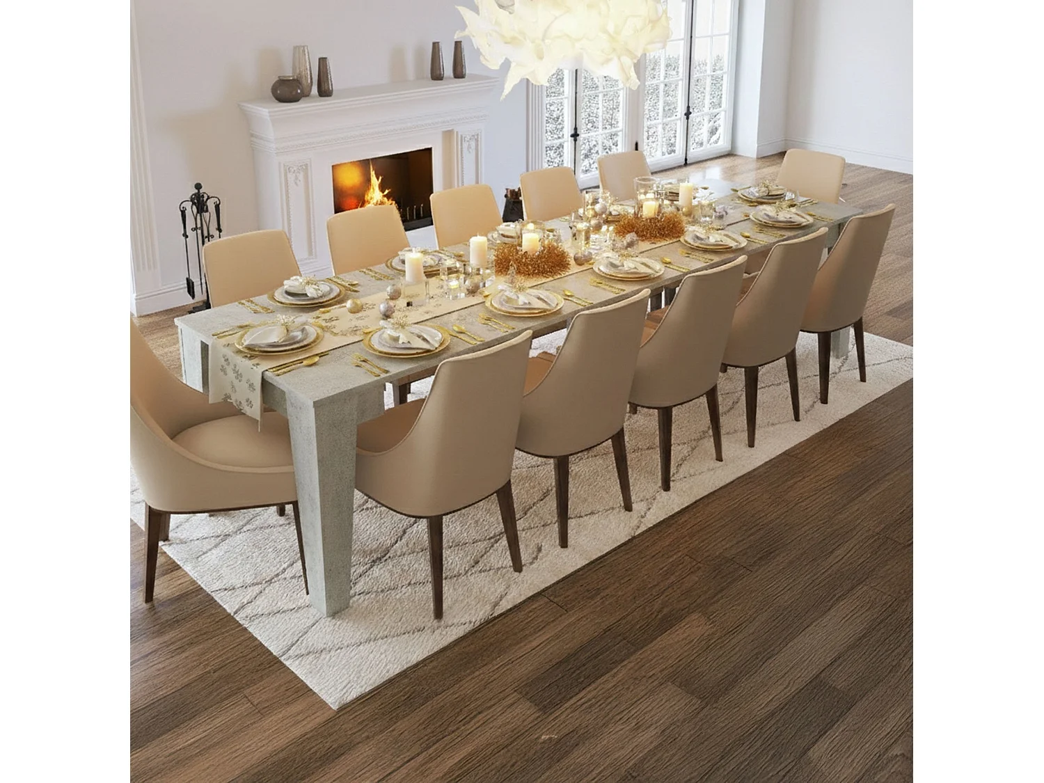 Console Extensible Gizio, 306x90x75h cm Gris Ciment, 12 Places, Mécanisme d'Extension Centré