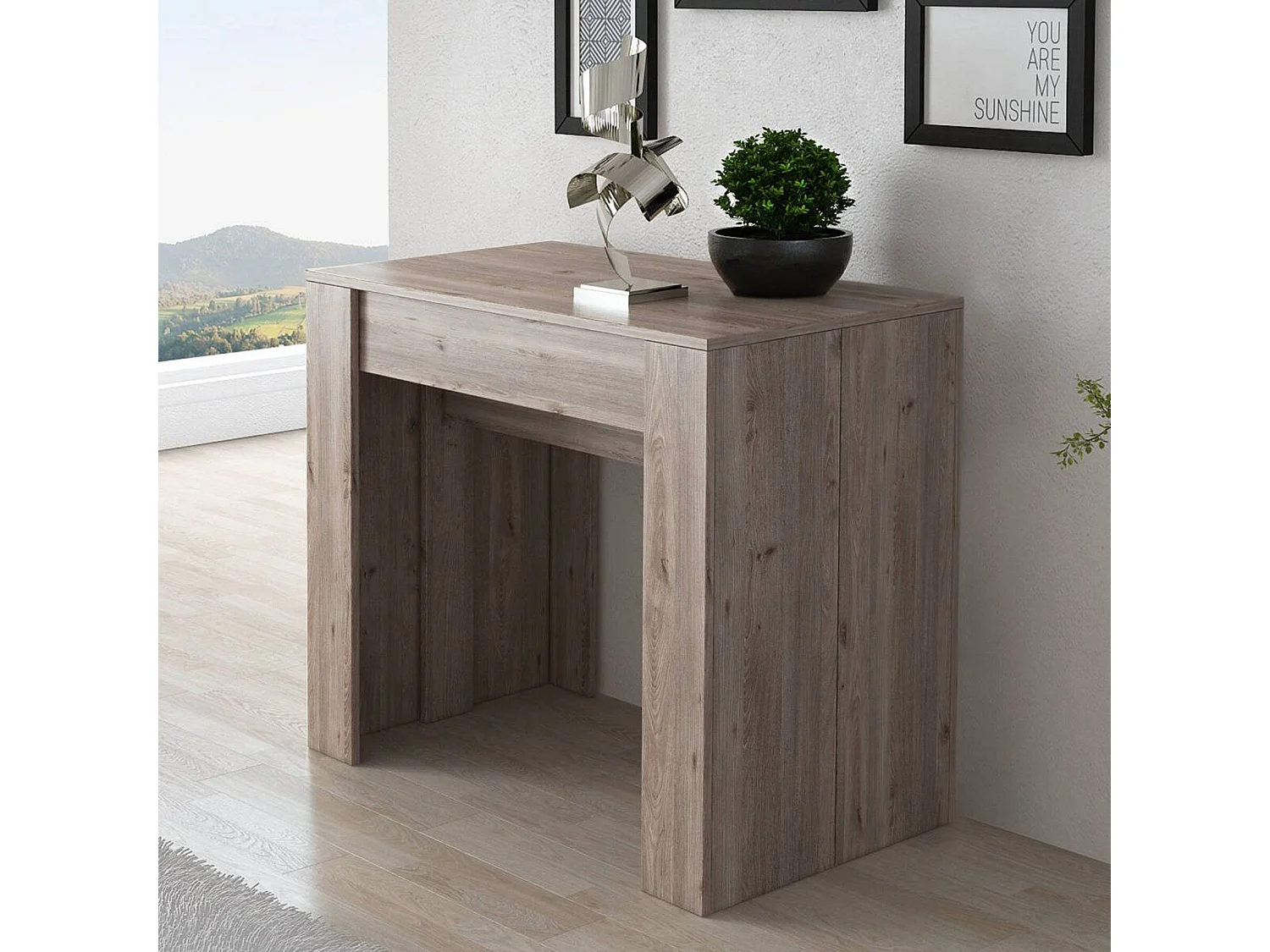 Consola extensível Vaelis, 10 lugares, 237x90x77h cm, carvalho castanho, mecanismo de extensão com extensões centrais