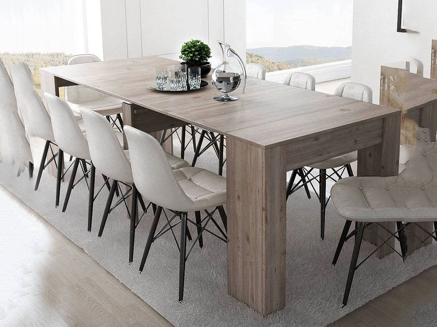Consola extensível Vaelis, 10 lugares, 237x90x77h cm, carvalho castanho, mecanismo de extensão com extensões centrais