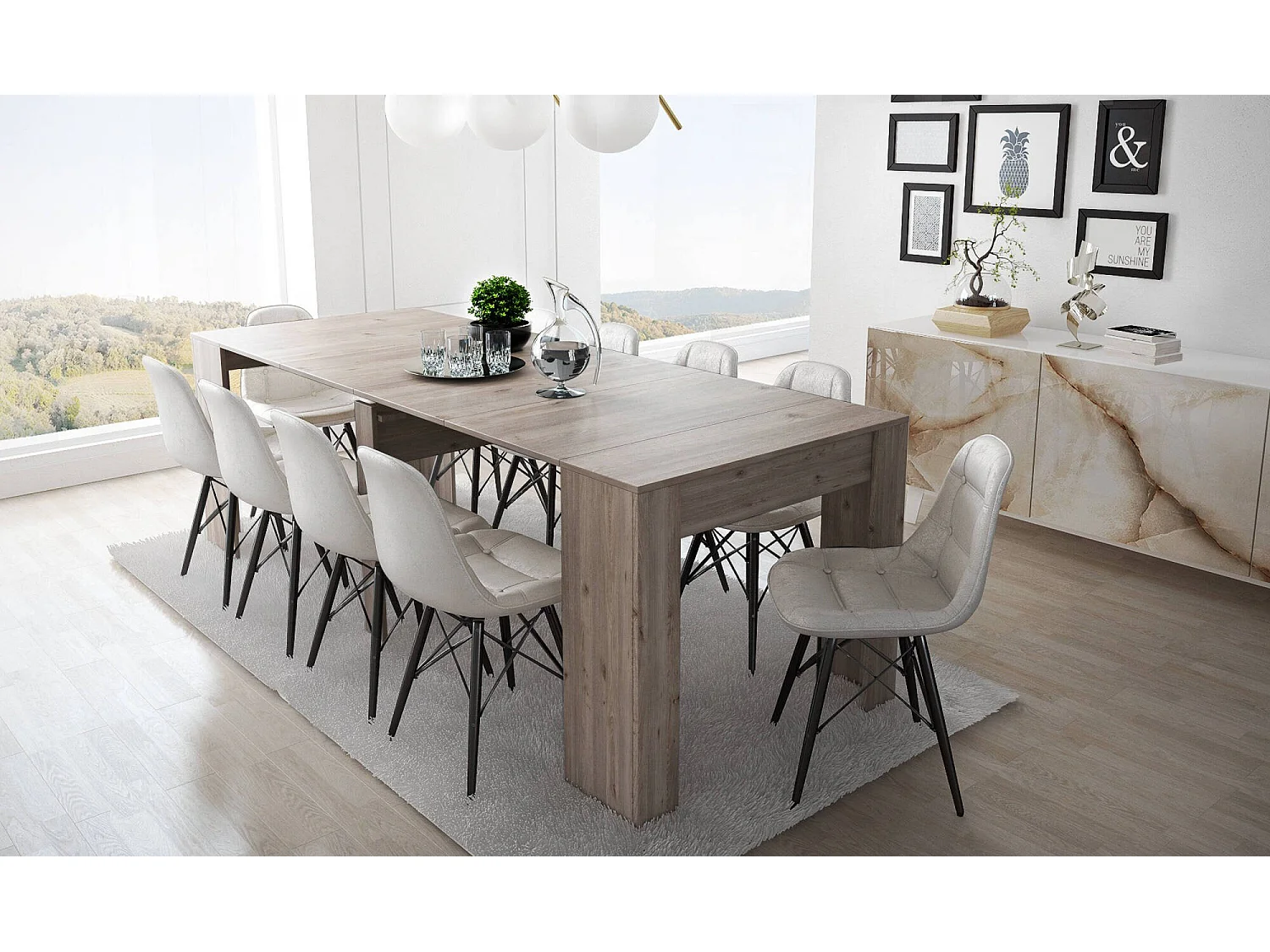 Consola extensível Vaelis, 10 lugares, 237x90x77h cm, carvalho castanho, mecanismo de extensão com extensões centrais