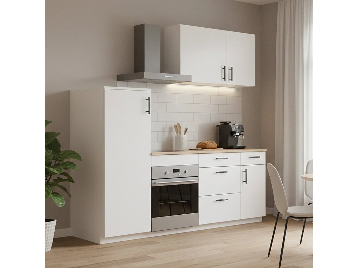 Cocina Althenis, 4 cajones, blanco, cocineta, 5 estantes, apertura abatible, corredera, Electrodomésticos no incluidos