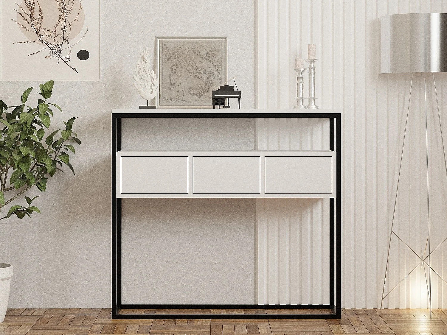 Consolle Pianfei, un Ripiano, 100x29x90h cm Bianco, un Vano, Colore Struttura Nero