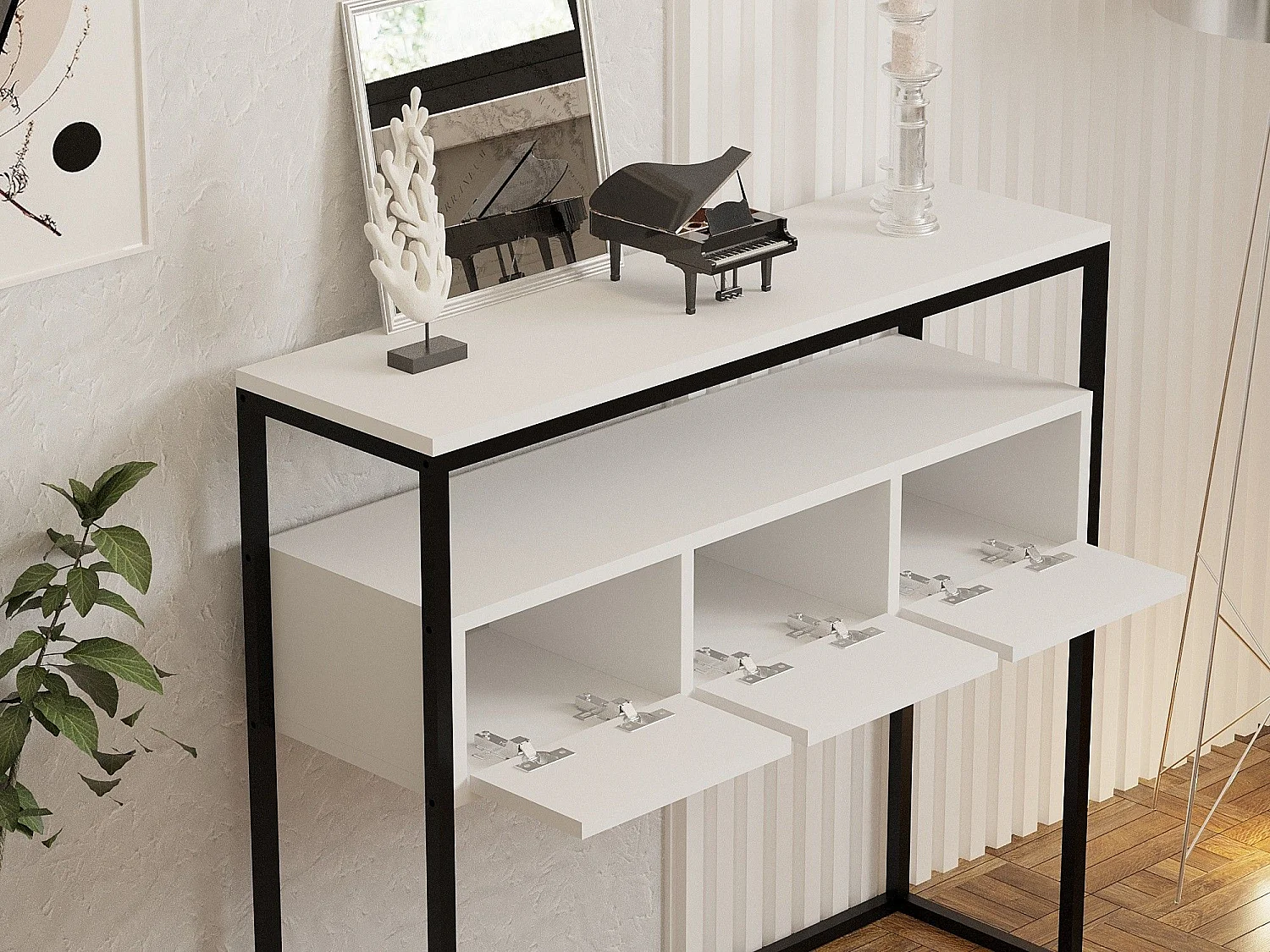 Consolle Pianfei, un Ripiano, 100x29x90h cm Bianco, un Vano, Colore Struttura Nero