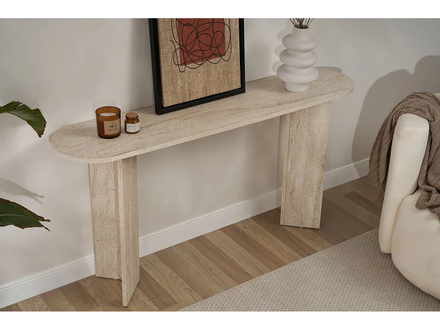 Consolle Cercino, un Ripiano, 150x35x75h cm Bianco Marmo, Peso Supportato 25 kg, Colore Ripiano Bianco