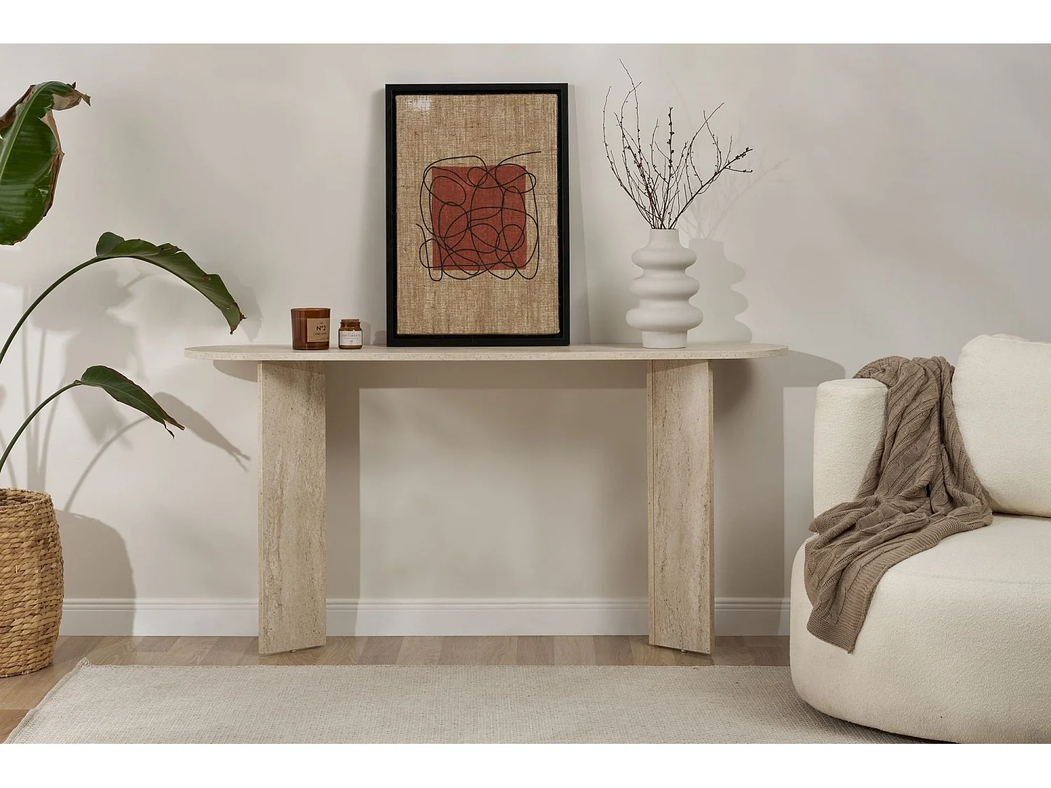 Consolle Cercino, un Ripiano, 150x35x75h cm Bianco Marmo, Peso Supportato 25 kg, Colore Ripiano Bianco