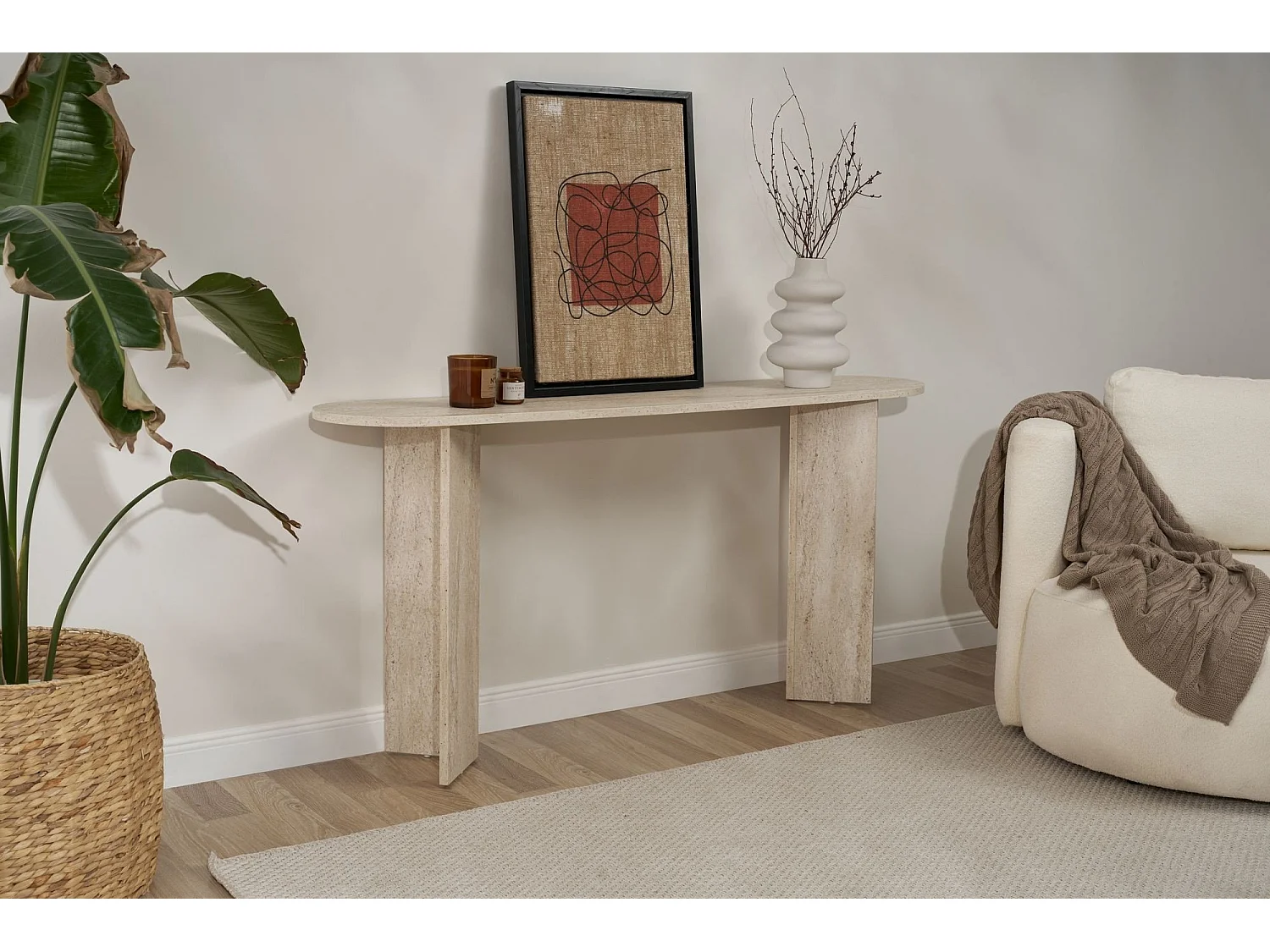 Consolle Cercino, un Ripiano, 150x35x75h cm Bianco Marmo, Peso Supportato 25 kg, Colore Ripiano Bianco