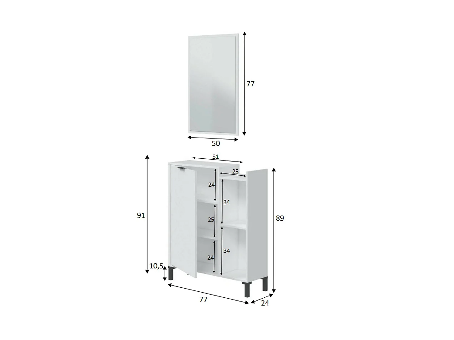Meuble Sous-vasque\ Argusto, Miroir Inclus, 24x77x91h cm Blanc