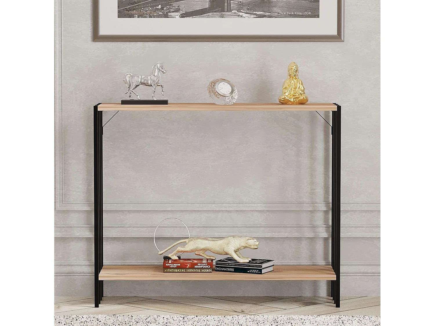 Consolle Ravello, un Ripiano, 90x26x74h cm Nero, un Vano, Colore Ripiano Marrone
