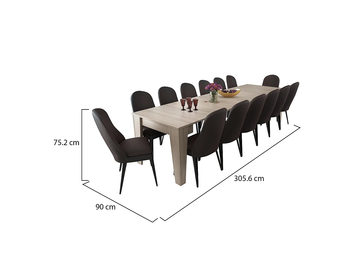 Console extensible Gizio, allonge centrale, 306x90x75h cm, Marron Orme, 12 places