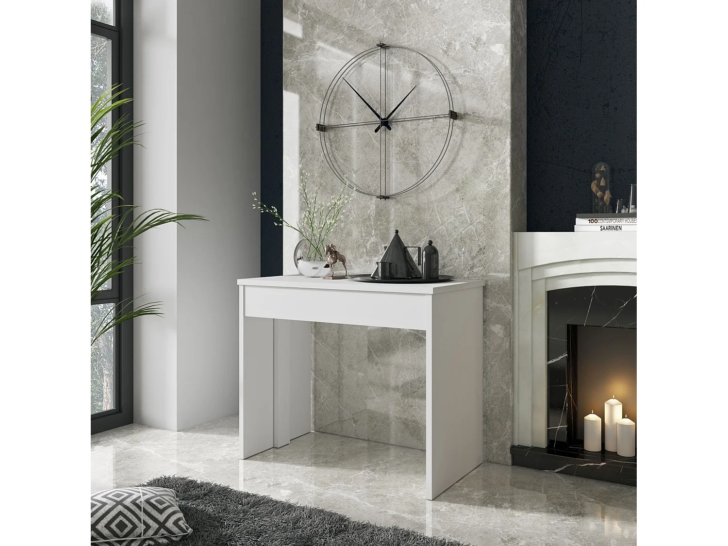 Console extensible Luisago, 12 places, 302x75x90h cm, blanc, mécanisme d'extension à rallonges centrales