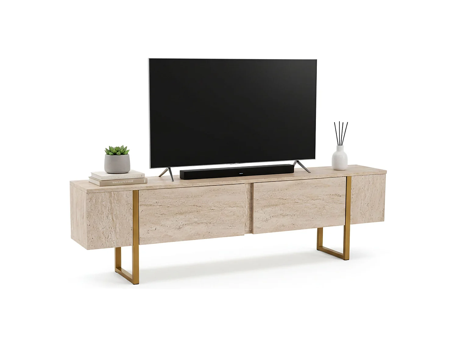 TV-meubel Lilith, één legplank, 180x30x50h cm beige, klepopening, 2 deuren