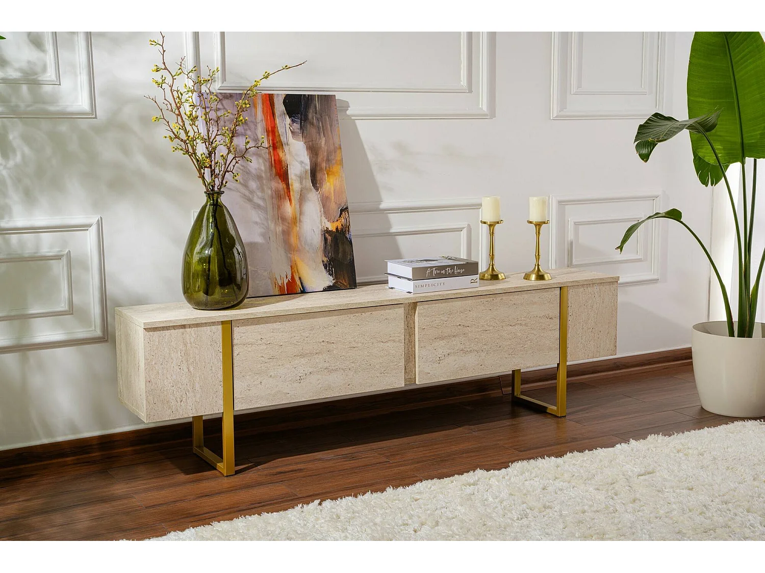 TV-meubel Lilith, één legplank, 180x30x50h cm beige, klepopening, 2 deuren