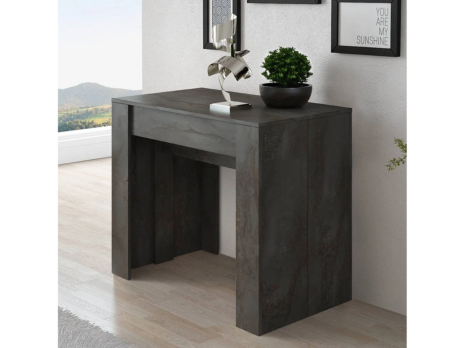 Uitschuifbare consoletafel Vaelis, 10 plaatsen, 237x90x77h cm antracietzwart, uitschuifbaar, verlengmechanisme met centrale tussenbladen