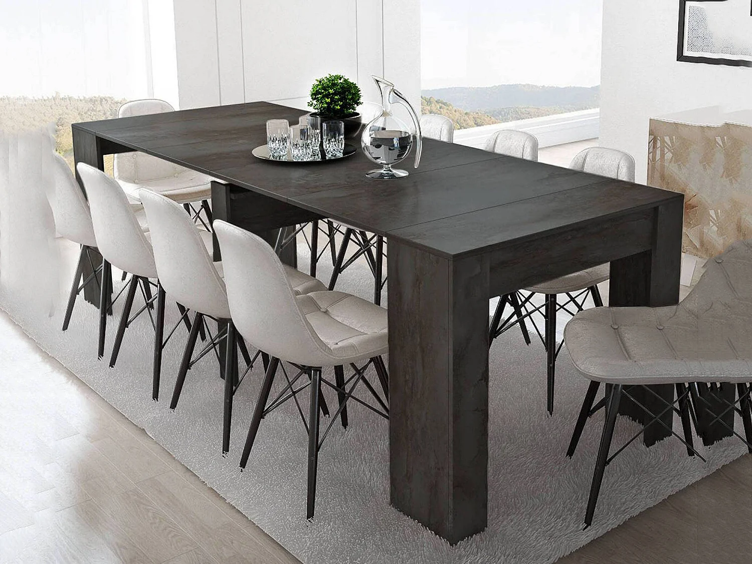 Uitschuifbare consoletafel Vaelis, 10 plaatsen, 237x90x77h cm antracietzwart, uitschuifbaar, verlengmechanisme met centrale tussenbladen