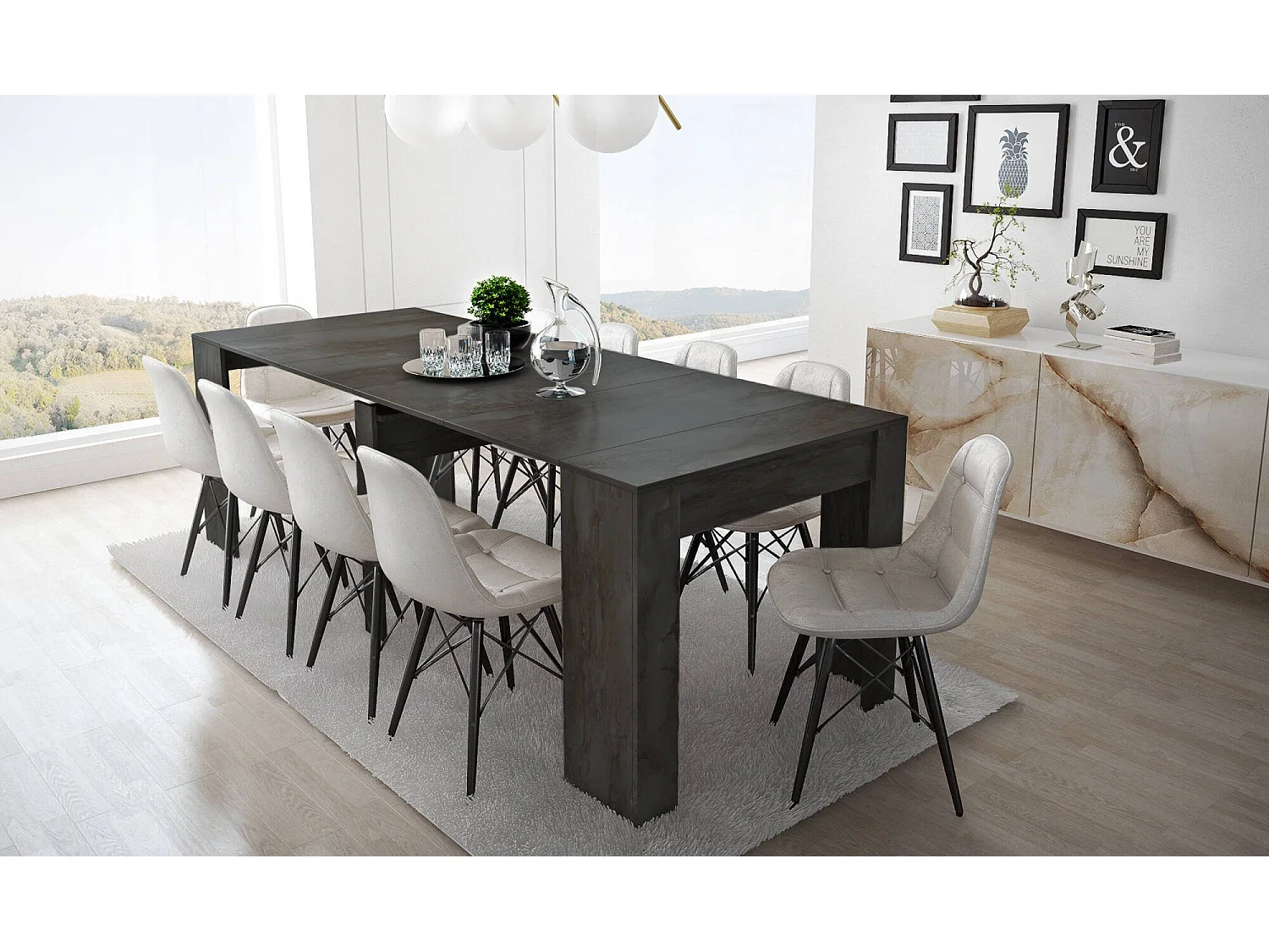 Uitschuifbare consoletafel Vaelis, 10 plaatsen, 237x90x77h cm antracietzwart, uitschuifbaar, verlengmechanisme met centrale tussenbladen
