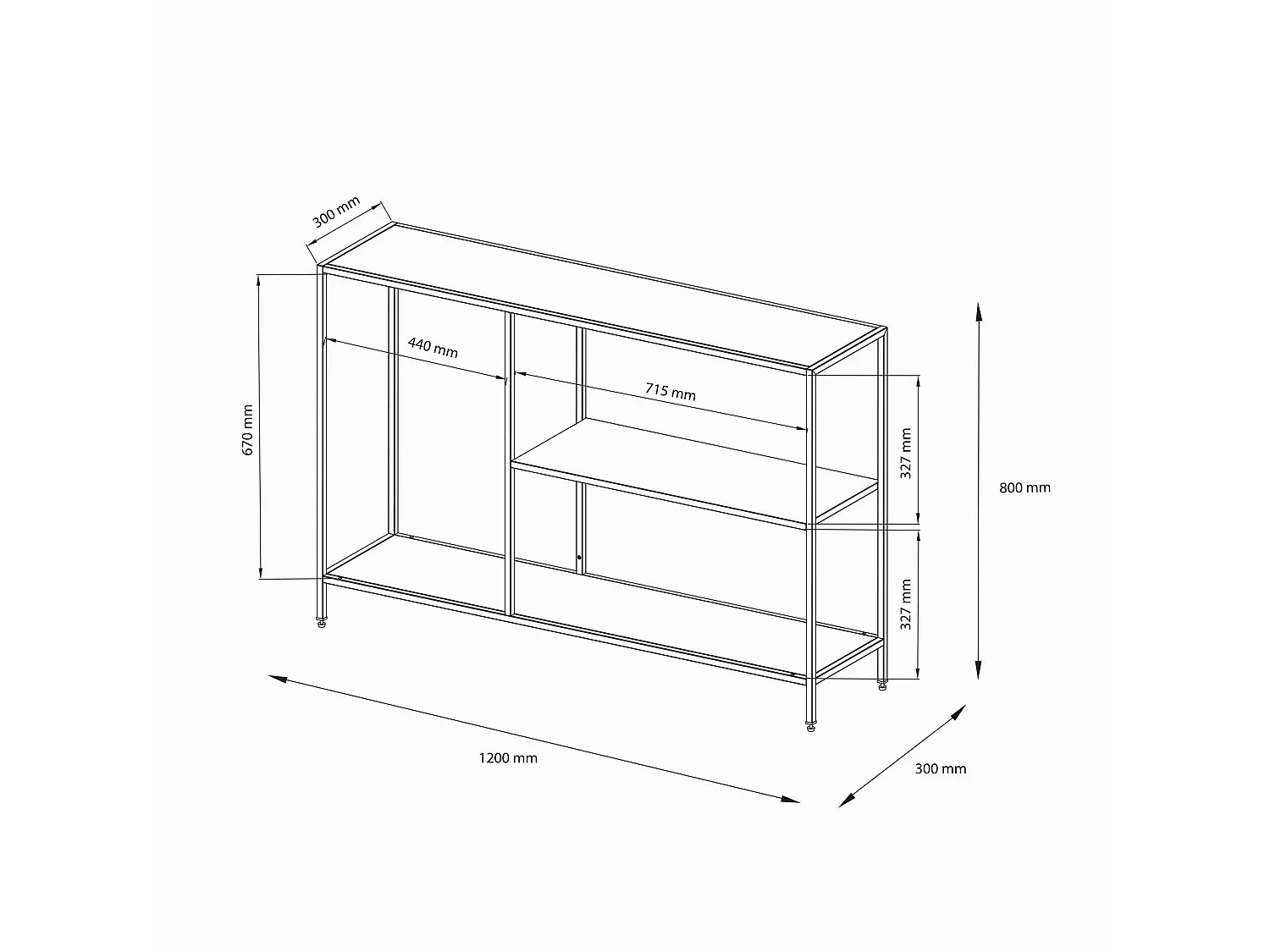 Consoletafel Vaprio, 2 planken, 120x30x80h cm leigrijs, 3 vakken, draagvermogen 60 kg