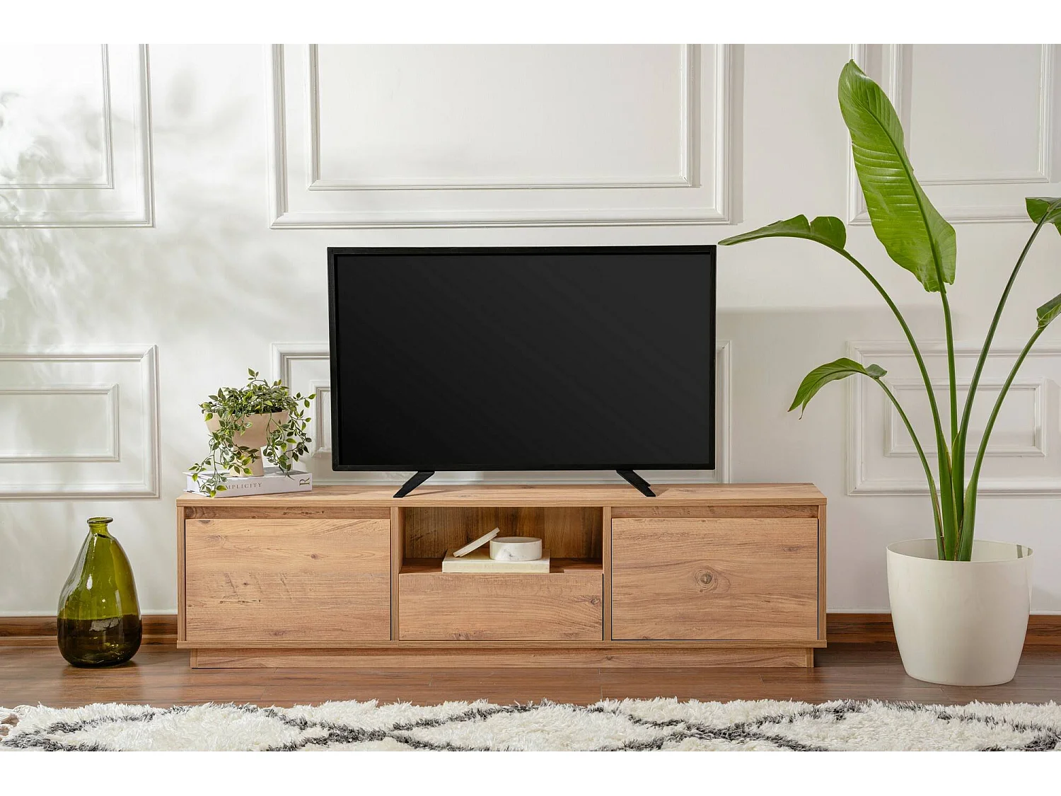 Morrigan tv-meubel, één plank, 160x30x42h cm dennenbruin, klepopening, 3 deuren