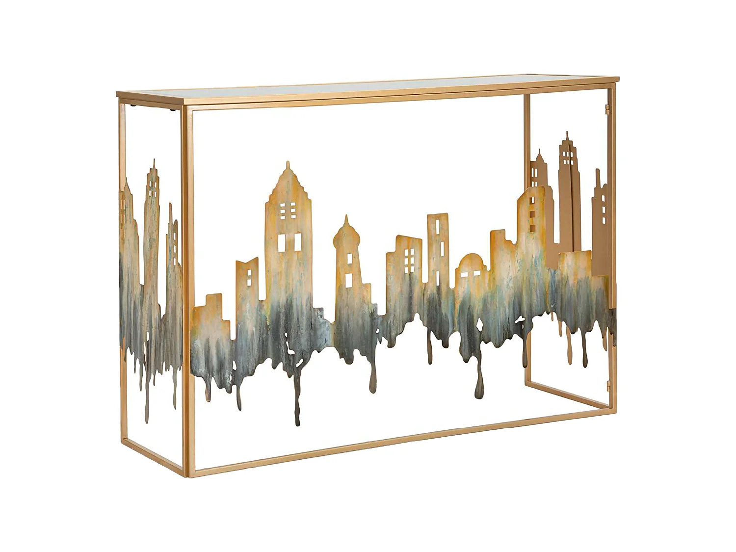 Consolle Elda, un Ripiano, 110x39x81h cm oro, Piano con Profilo di Città, Materiale Struttura in Vetro