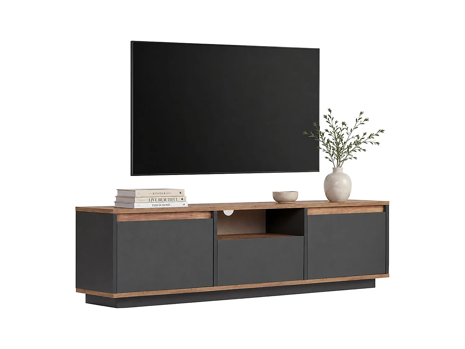 Meuble TV Morrigan, une Étagère, 160x30x42h cm Noir Anthracite, 3 Portes, 4 Compartiments