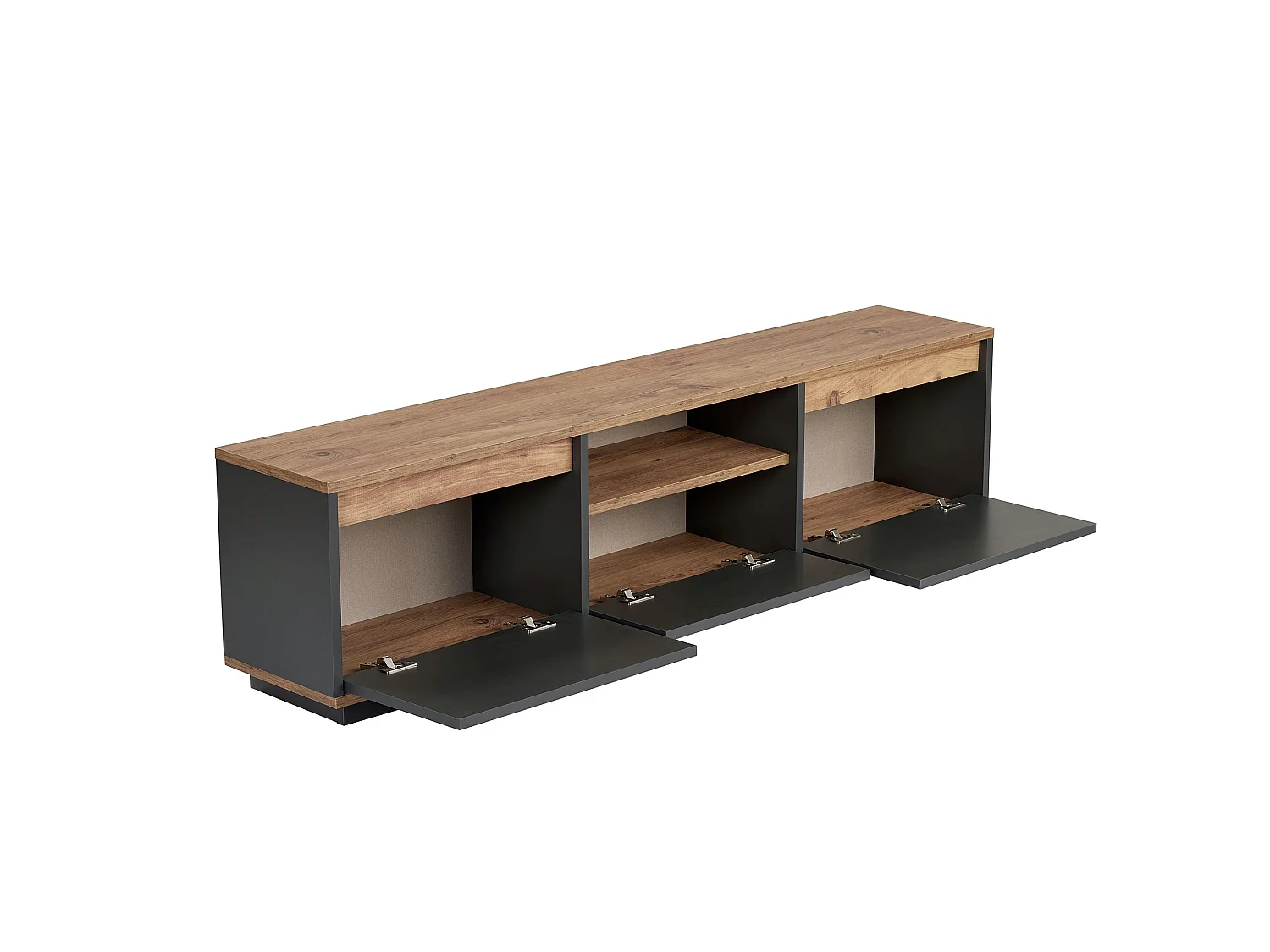 Meuble TV Morrigan, une Étagère, 160x30x42h cm Noir Anthracite, 3 Portes, 4 Compartiments