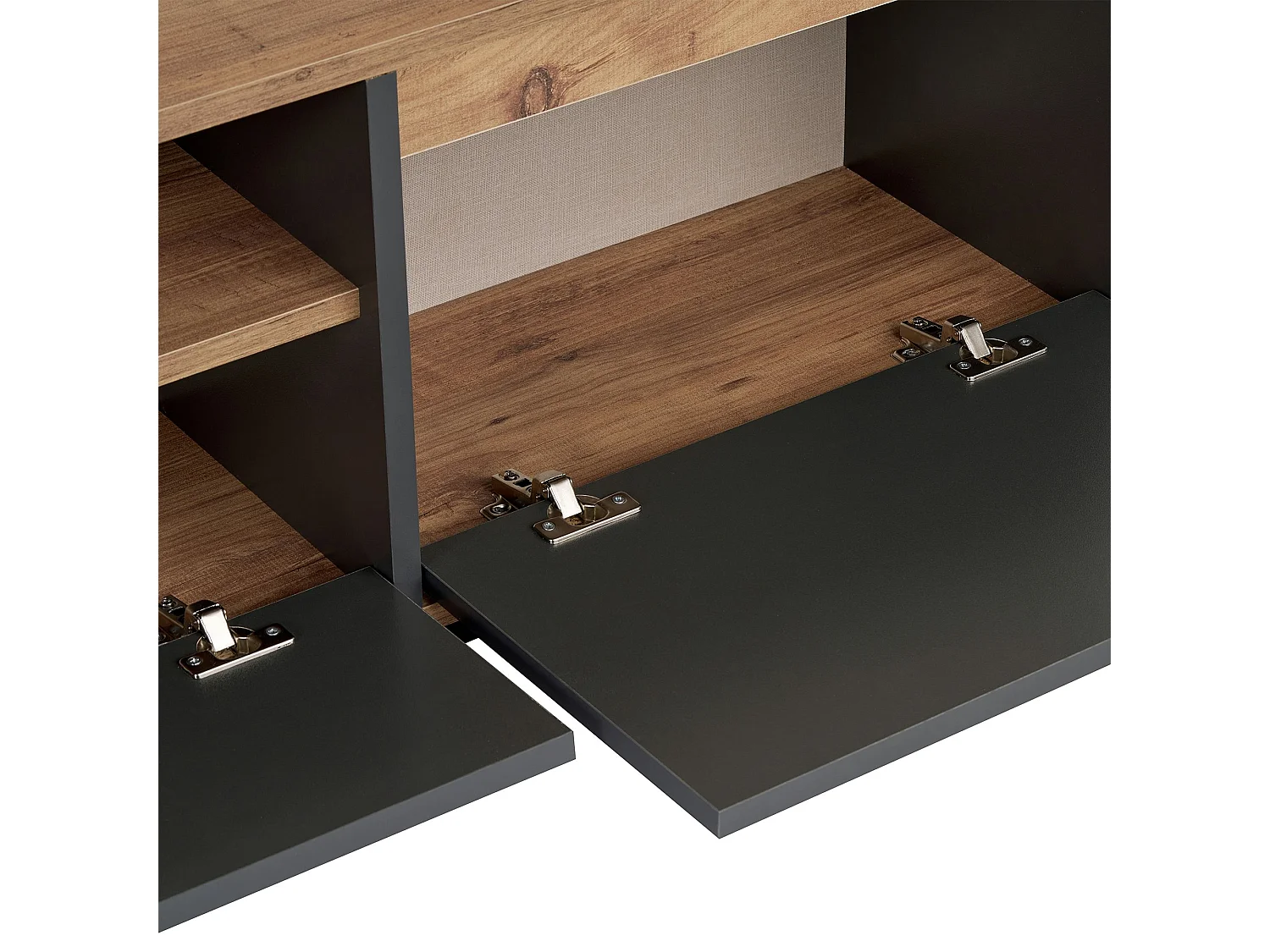 Meuble TV Morrigan, une Étagère, 160x30x42h cm Noir Anthracite, 3 Portes, 4 Compartiments